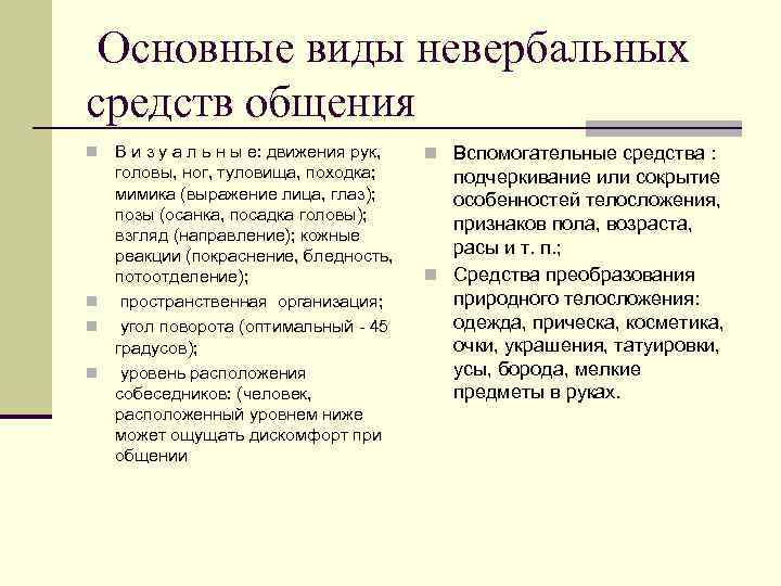  Основные виды невербальных средств общения В и з у а л ь н