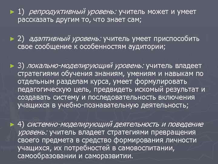 ► 1) репродуктивный уровень: учитель может и умеет рассказать другим то, что знает сам;