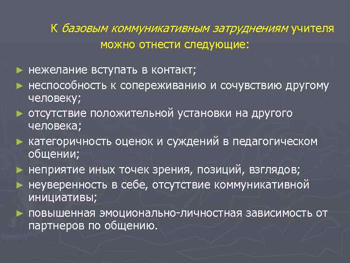 К базовым коммуникативным затруднениям учителя можно отнести следующие: нежелание вступать в контакт; ► неспособность