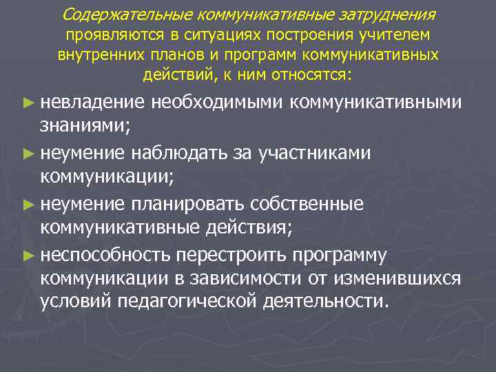 Содержательные коммуникативные затруднения проявляются в ситуациях построения учителем внутренних планов и программ коммуникативных действий,