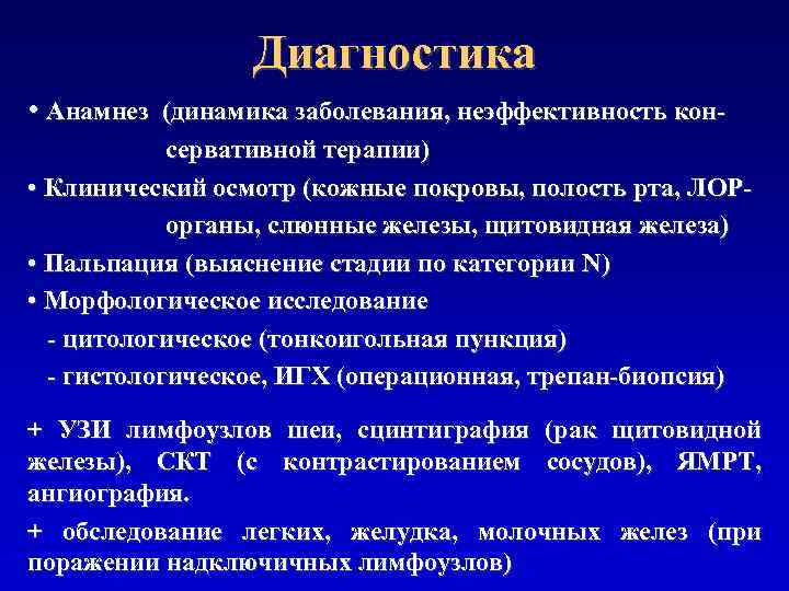 Диагностика • Анамнез (динамика заболевания, неэффективность консервативной терапии) • Клинический осмотр (кожные покровы, полость