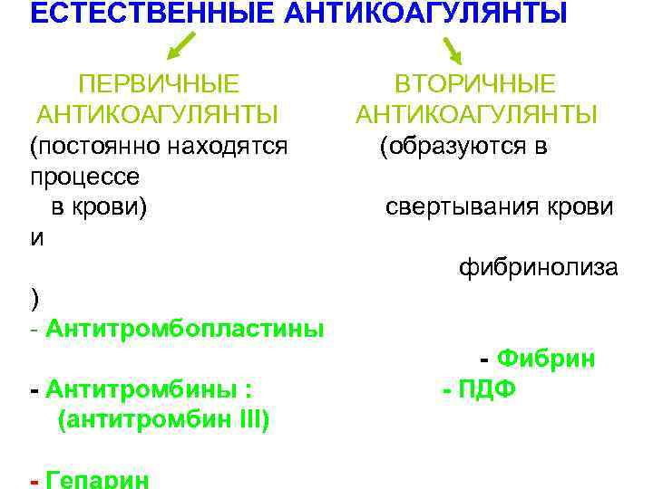 ЕСТЕСТВЕННЫЕ АНТИКОАГУЛЯНТЫ ПЕРВИЧНЫЕ ВТОРИЧНЫЕ АНТИКОАГУЛЯНТЫ (постоянно находятся (образуются в процессе в крови) свертывания крови