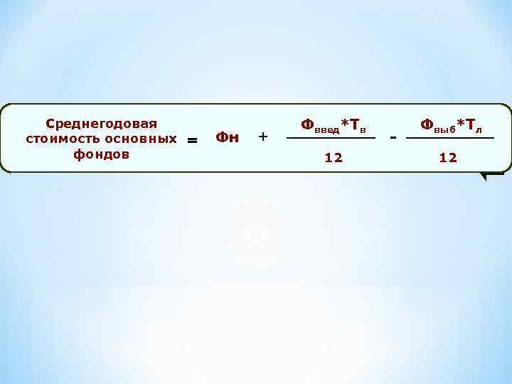Среднегодовая стоимость основных = фондов Фн + Фввед*Тв 12 - Фвыб*Тл 12 