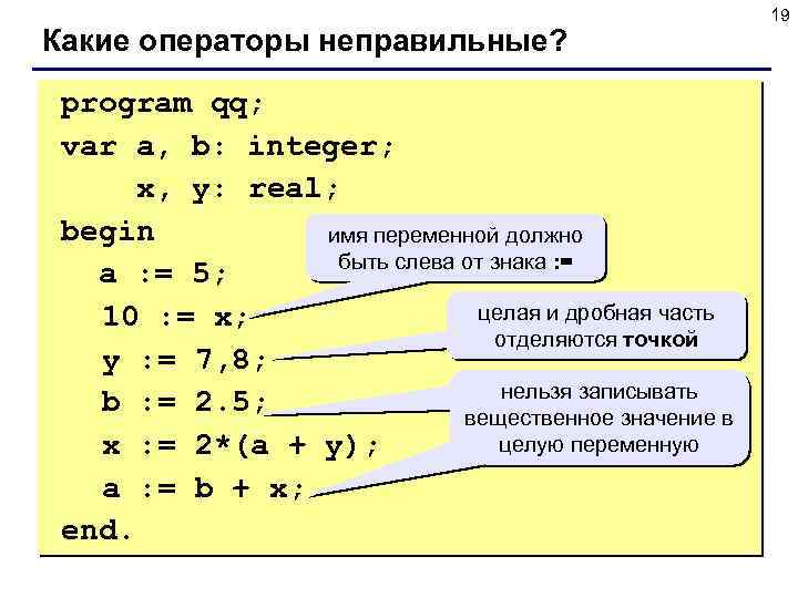 Какие операторы неправильные? program qq; var a, b: integer; x, y: real; begin имя