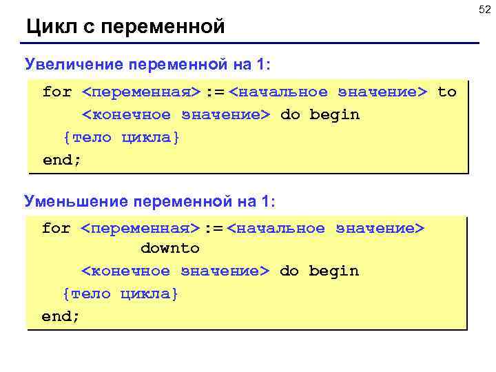 Цикл с переменной Увеличение переменной на 1: for <переменная> : = <начальное значение> to
