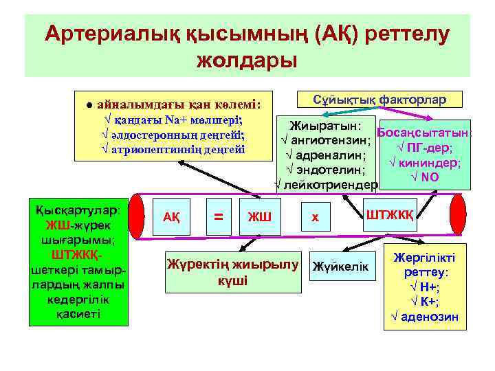 Артериалық қысымның (АҚ) реттелу жолдары ● айналымдағы қан көлемі: √ қандағы Na+ мөлшері; √