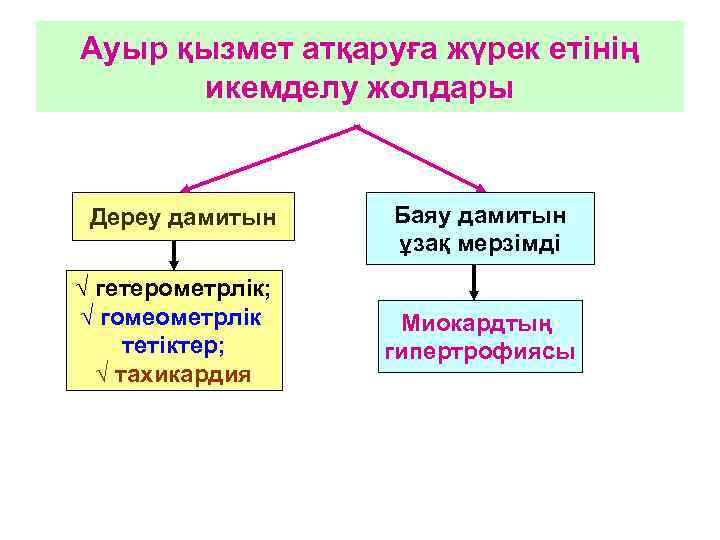 Ауыр қызмет атқаруға жүрек етінің икемделу жолдары Дереу дамитын √ гетерометрлік; √ гомеометрлік тетіктер;