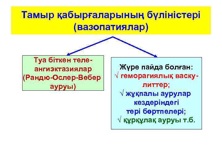 Тамыр қабырғаларының бүліністері (вазопатиялар) Туа біткен телеангиэктазиялар (Рандю-Ослер-Вебер ауруы) Жүре пайда болған: √ геморагиялық