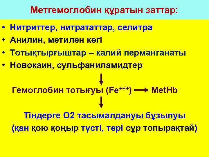 Метгемоглобин құратын заттар: • • Нитриттер, нитрататтар, селитра Анилин, метилен көгі Тотықтырғыштар – калий