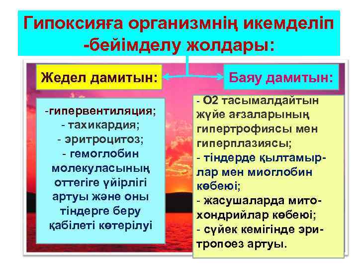 Гипоксияға организмнің икемделіп -бейімделу жолдары: Жедел дамитын: -гипервентиляция; - тахикардия; - эритроцитоз; - гемоглобин