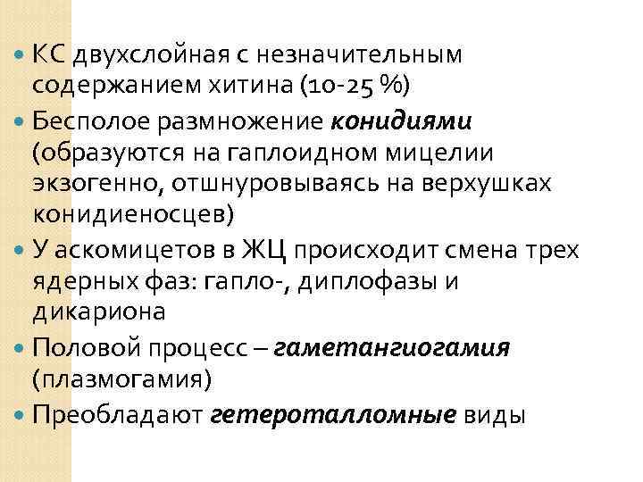 КС двухслойная с незначительным содержанием хитина (10 -25 %) Бесполое размножение конидиями (образуются на