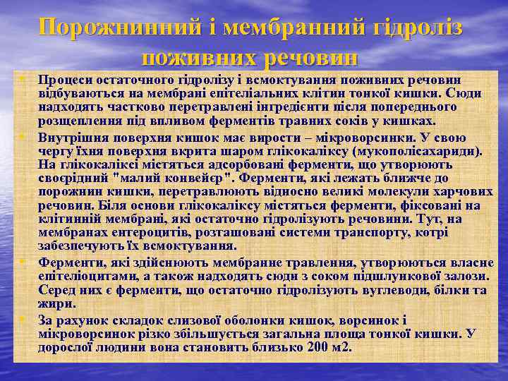 Порожнинний і мембранний гідроліз поживних речовин • Процеси остаточного гідролізу і всмоктування поживних речовин
