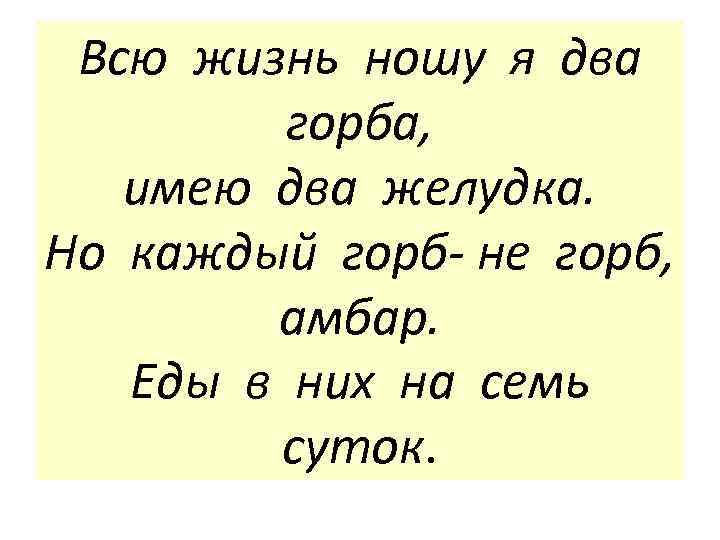 Всю жизнь ношу я два горба, имею два желудка. Но каждый горб- не горб,