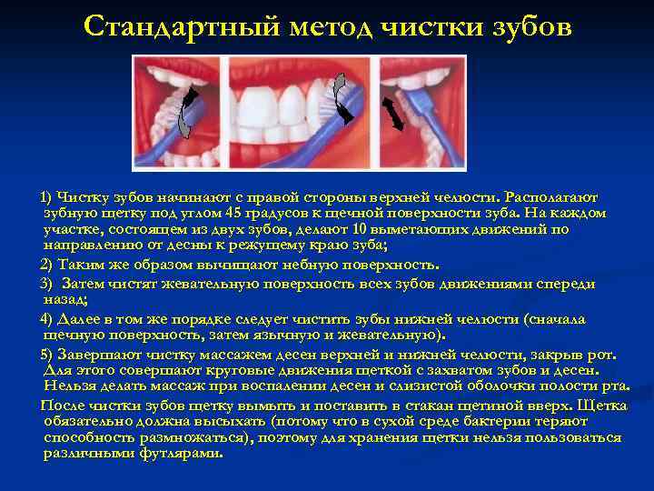 Стандартный метод чистки зубов 1) Чистку зубов начинают с правой стороны верхней челюсти. Располагают