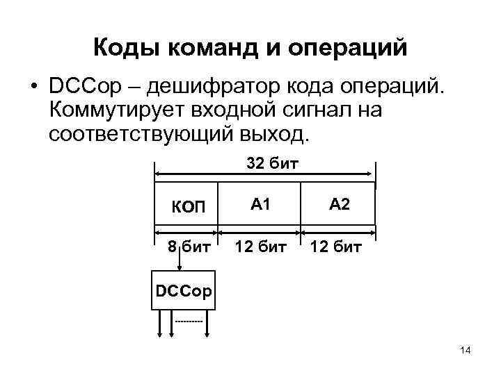 Коды команд и операций • DCСop – дешифратор кода операций. Коммутирует входной сигнал на