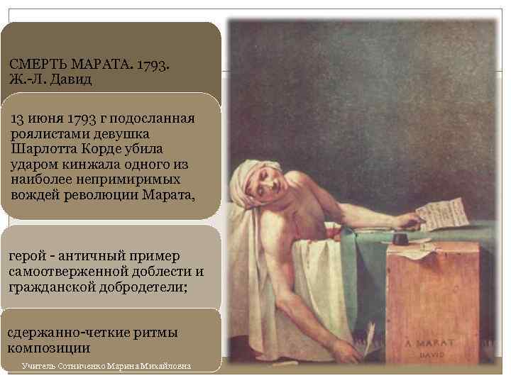 СМЕРТЬ МАРАТА. 1793. Ж. -Л. Давид 13 июня 1793 г подосланная роялистами девушка Шарлотта