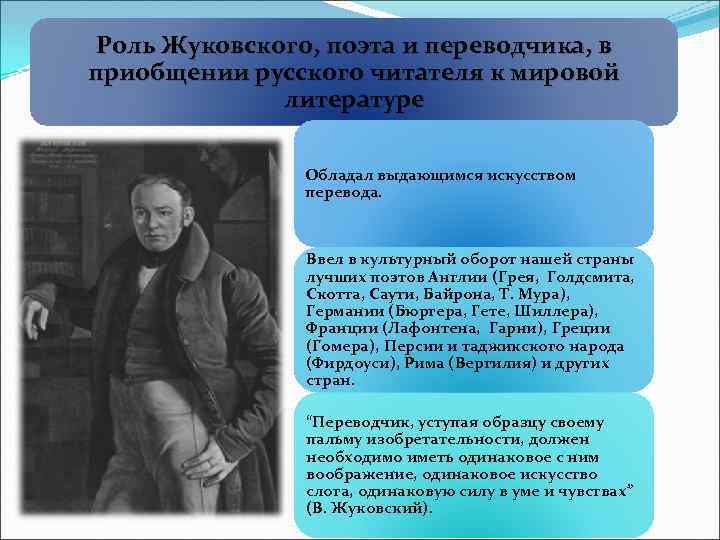 Роль Жуковского, поэта и переводчика, в приобщении русского читателя к мировой литературе Обладал выдающимся