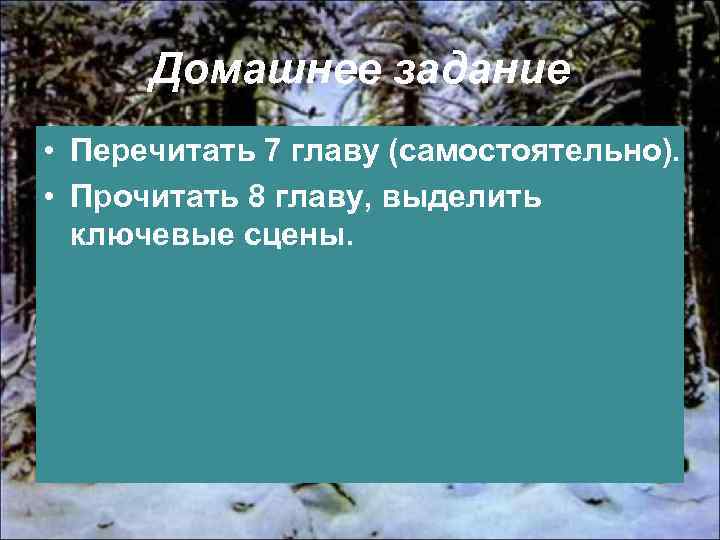 Домашнее задание • Перечитать 7 главу (самостоятельно). • Прочитать 8 главу, выделить ключевые сцены.