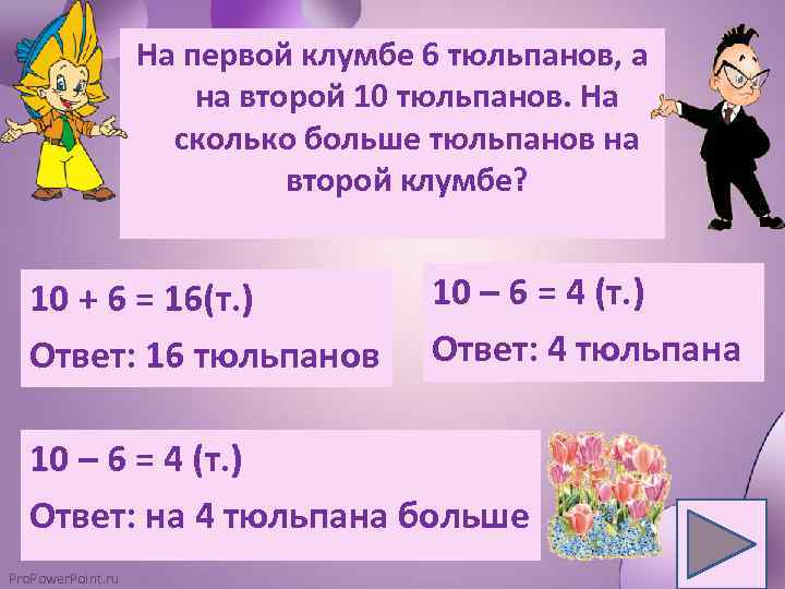 На первой клумбе 6 тюльпанов, а на второй 10 тюльпанов. На сколько больше тюльпанов