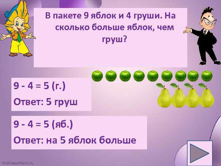 В пакете 9 яблок и 4 груши. На сколько больше яблок, чем груш? 9