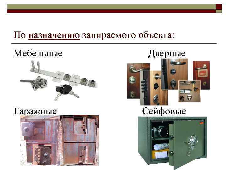 По назначению запираемого объекта: Мебельные Дверные Гаражные Сейфовые 