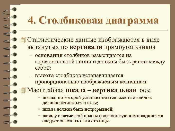 4. Столбиковая диаграмма 4 Статистические данные изображаются в виде вытянутых по вертикали прямоугольников –