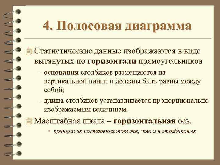 4. Полосовая диаграмма 4 Статистические данные изображаются в виде вытянутых по горизонтали прямоугольников –
