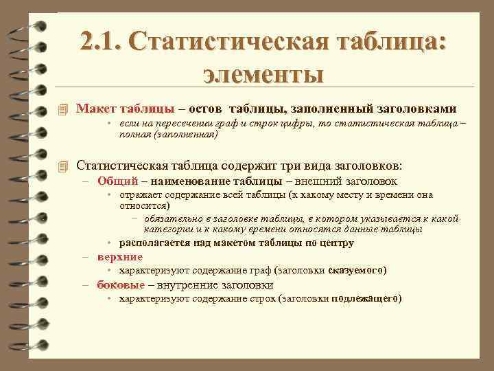 2. 1. Статистическая таблица: элементы 4 Макет таблицы – остов таблицы, заполненный заголовками •