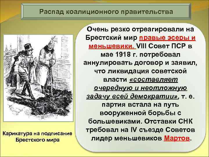 Распад коалиционного правительства Карикатура на подписание Брестского мира Очень резко отреагировали на Брестский мир