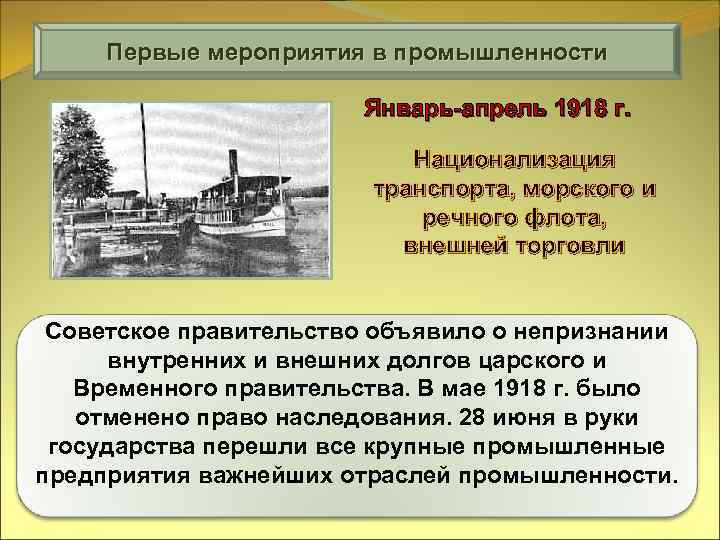 Первые мероприятия в промышленности Январь-апрель 1918 г. Национализация транспорта, морского и речного флота, внешней