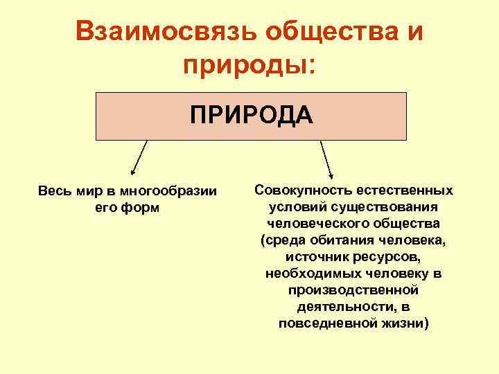 Взаимосвязь общества и природы: ПРИРОДА Весь мир в многообразии его форм Совокупность естественных условий