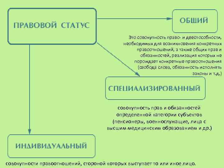 Это совокупность право- и дееспособности, необходимых для возникновения конкретных правоотношений, а также общих прав