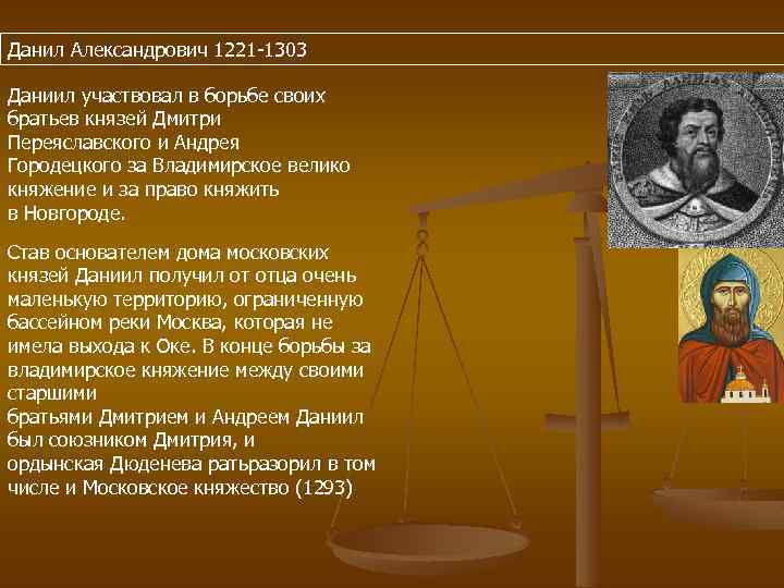 Данил Александрович 1221 -1303 Даниил участвовал в борьбе своих братьев князей Дмитри Переяславского и