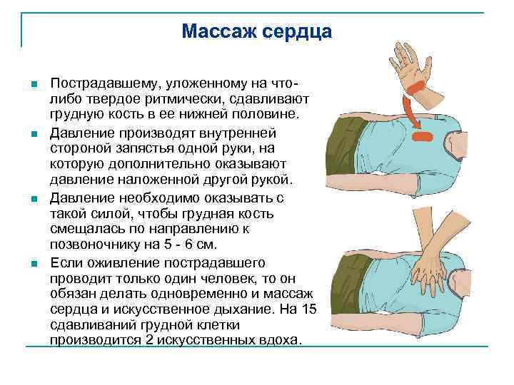 Массаж сердца n n Пострадавшему, уложенному на чтолибо твердое ритмически, сдавливают грудную кость в