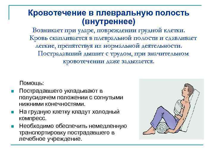 Кровотечение в плевральную полость (внутреннее) Возникает при ударе, повреждении грудной клетки. Кровь скапливается в