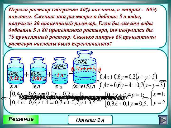 Первый раствор содержит 40% кислоты, а второй - 60% кислоты. Смешав эти растворы и