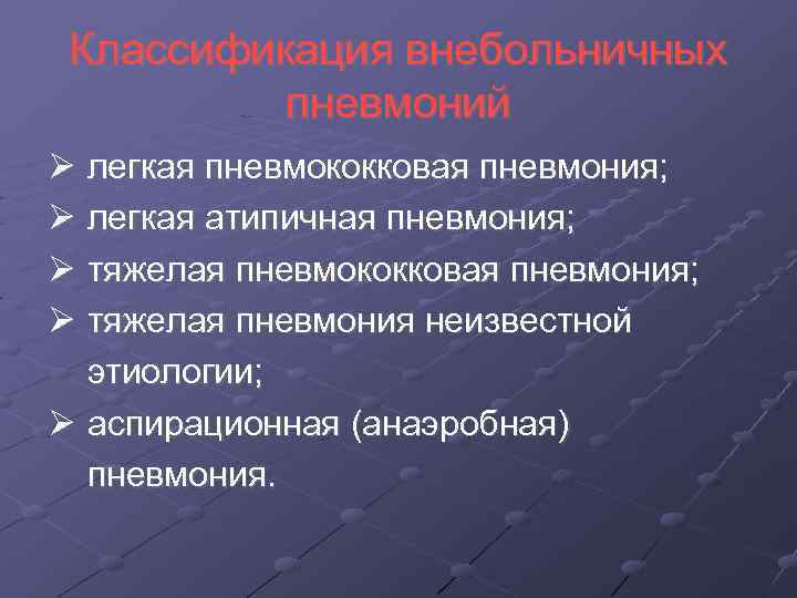 Классификация внебольничных пневмоний легкая пневмококковая пневмония; легкая атипичная пневмония; тяжелая пневмококковая пневмония; тяжелая пневмония