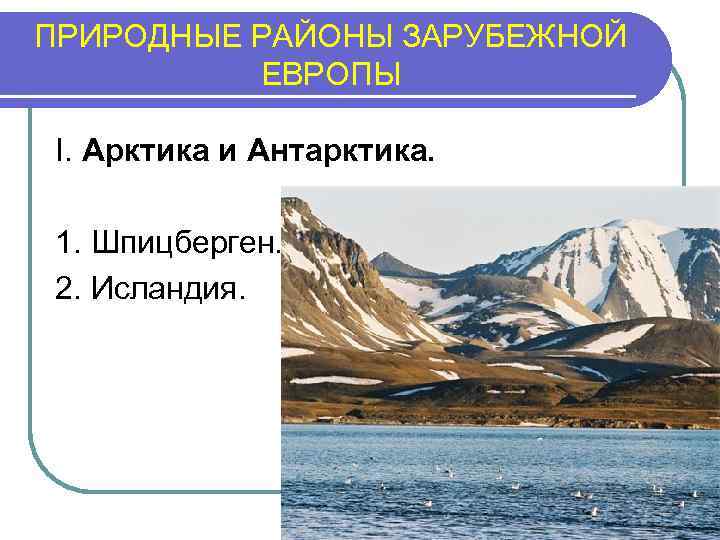 ПРИРОДНЫЕ РАЙОНЫ ЗАРУБЕЖНОЙ ЕВРОПЫ I. Арктика и Антарктика. 1. Шпицберген. 2. Исландия. 