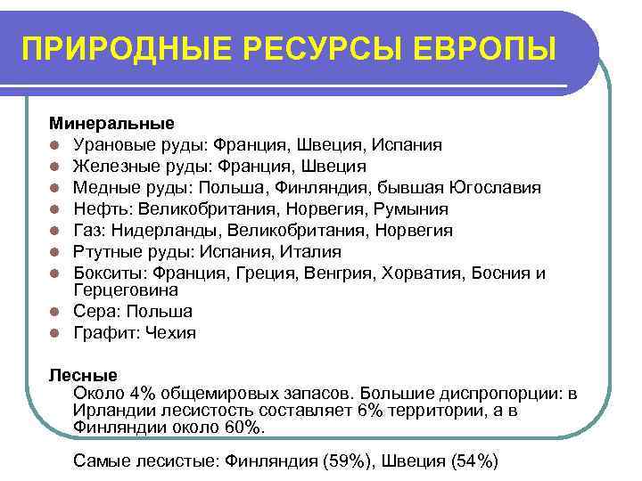 ПРИРОДНЫЕ РЕСУРСЫ ЕВРОПЫ Минеральные l Урановые руды: Франция, Швеция, Испания l Железные руды: Франция,