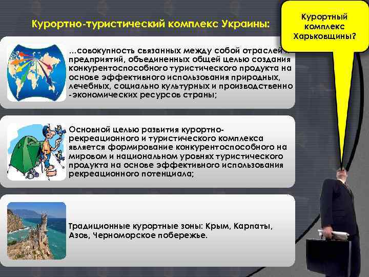 Курортно-туристический комплекс Украины: …совокупность связанных между собой отраслей и предприятий, объединенных общей целью создания