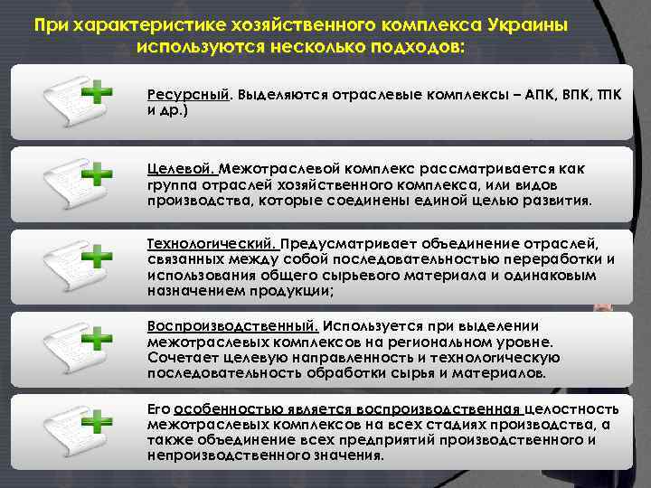 При характеристике хозяйственного комплекса Украины используются несколько подходов: Ресурсный. Выделяются отраслевые комплексы – АПК,