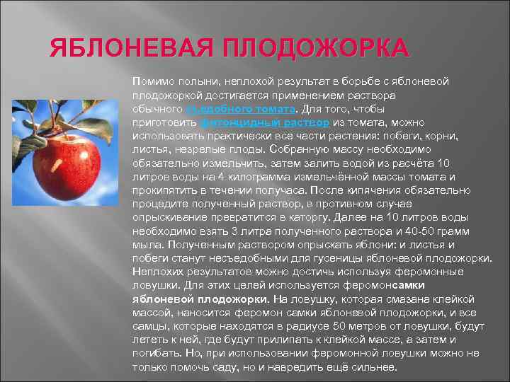 ЯБЛОНЕВАЯ ПЛОДОЖОРКА Помимо полыни, неплохой результат в борьбе с яблоневой плодожоркой достигается применением раствора