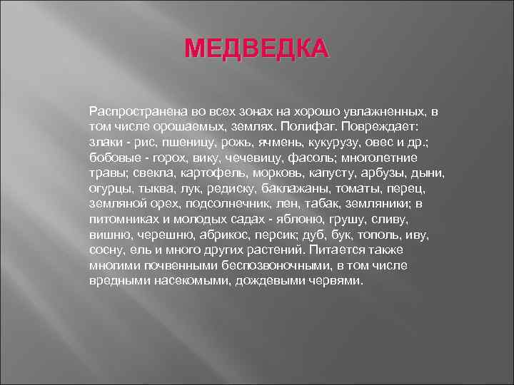 МЕДВЕДКА Распространена во всех зонах на хорошо увлажненных, в том числе орошаемых, землях. Полифаг.