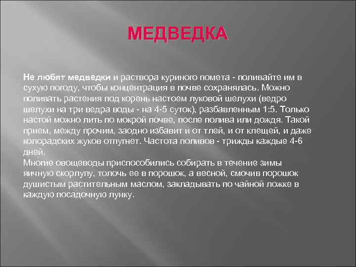 МЕДВЕДКА Не любят медведки и раствора куриного помета поливайте им в сухую погоду, чтобы