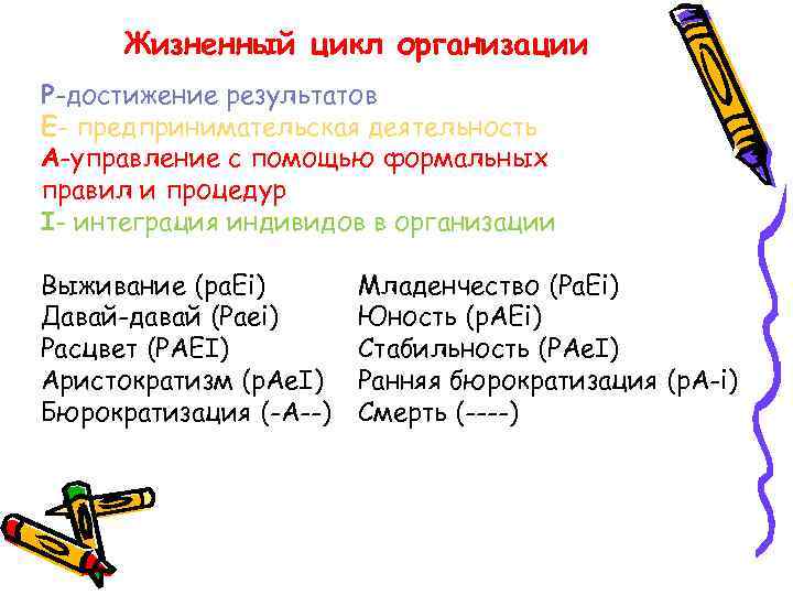 Жизненный цикл организации P-достижение результатов E- предпринимательская деятельность A-управление с помощью формальных правил и