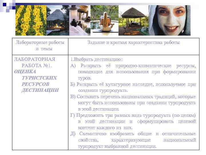 Лабораторные работы и темы ЛАБОРАТОРНАЯ РАБОТА № 1. ОЦЕНКА ТУРИСТСКИХ РЕСУРСОВ ДЕСТИНАЦИИ Задание и