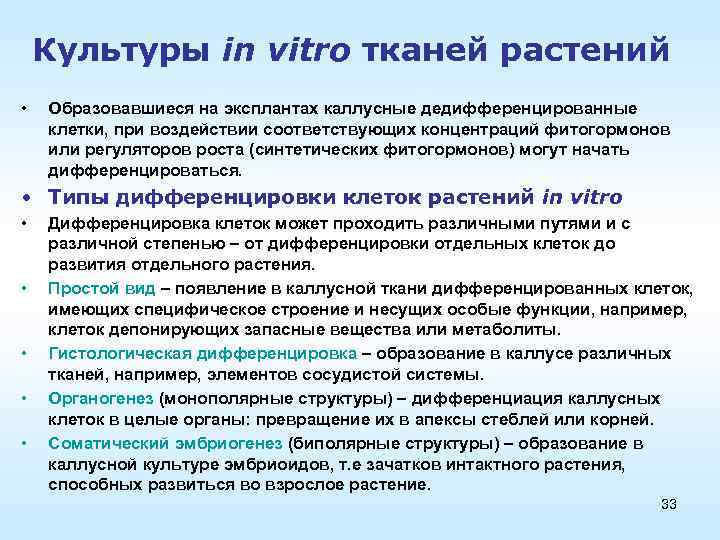 Культуры in vitro тканей растений • Образовавшиеся на эксплантах каллусные дедифференцированные клетки, при воздействии