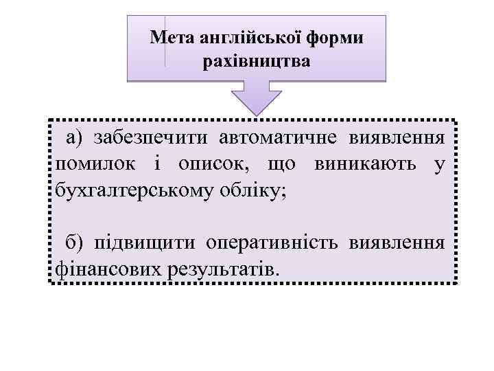 Мета англійської форми рахівництва а) забезпечити автоматичне виявлення помилок і описок, що виникають у