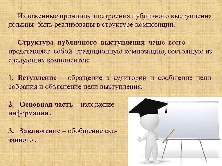 Изложенные принципы построения публичного выступления должны быть реализованы в структуре композиции. Структура публичного выступления