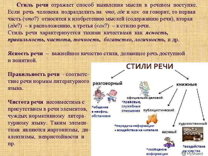 Стиль речи отражает способ выявления мысли в речевом поступке. Если речь человека подразделить на